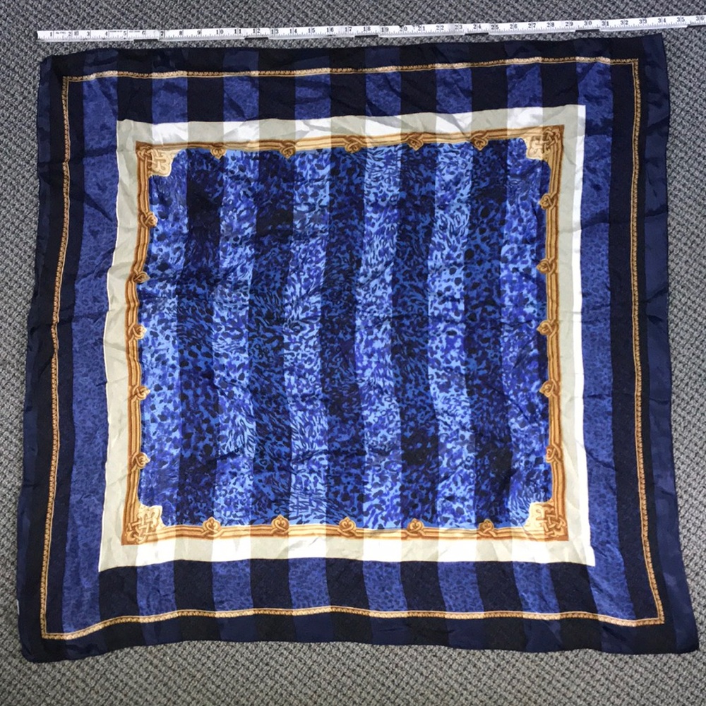 Blue and Gold Square Silk-Feel Scarf